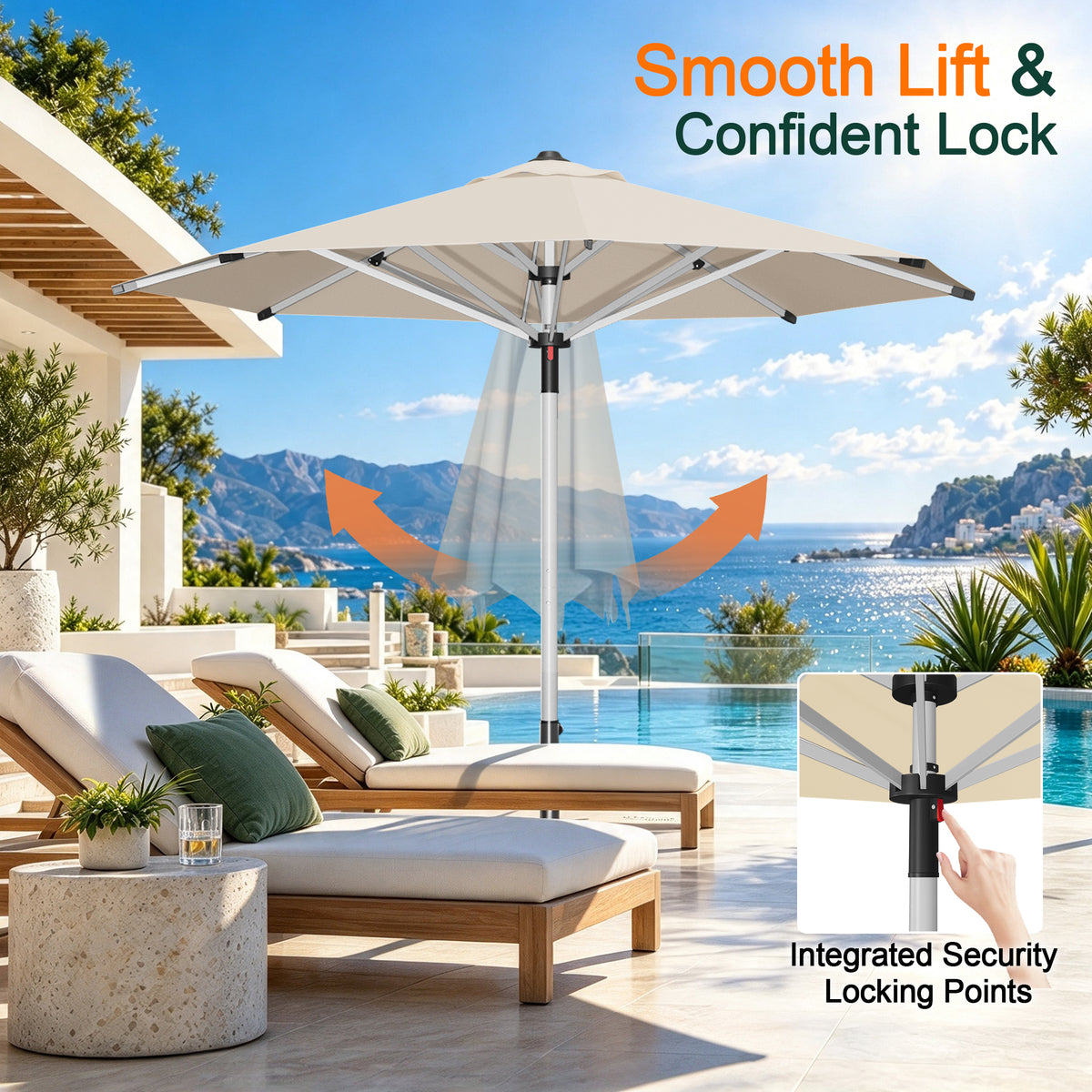 Cream Solara round umbrella showing its lift mechanism and locking pin detail - Sunshade