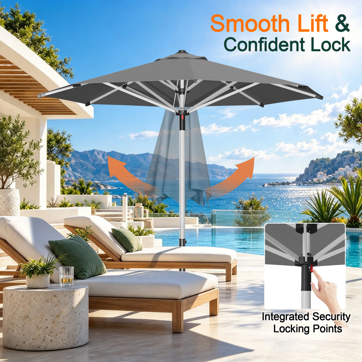 Charcoal Solara round umbrella showing its lift mechanism and locking pin detail - Sunshade