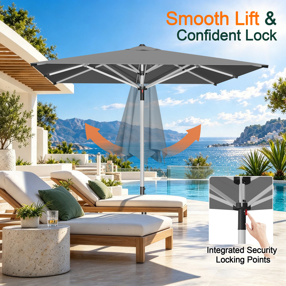 Charcoal Solara square umbrella showing its lift mechanism and locking pin detail - Sunshade