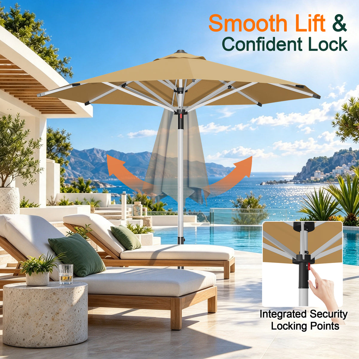 Beige Solara round market umbrella with a vented canopy above a poolside patio - Sunshade