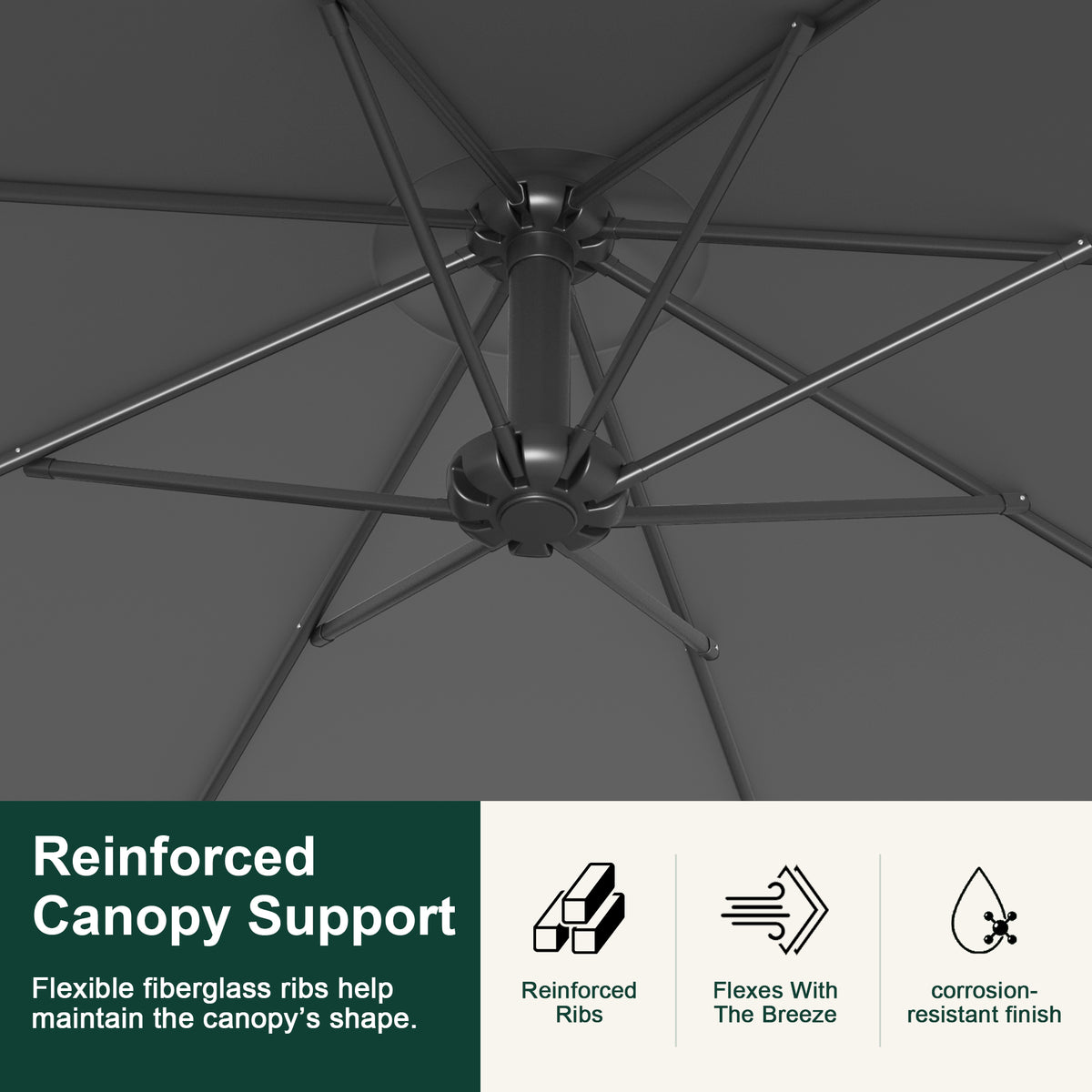 Underside detail of reinforced fiberglass ribs supporting a black cantilever umbrella canopy - Sunshade