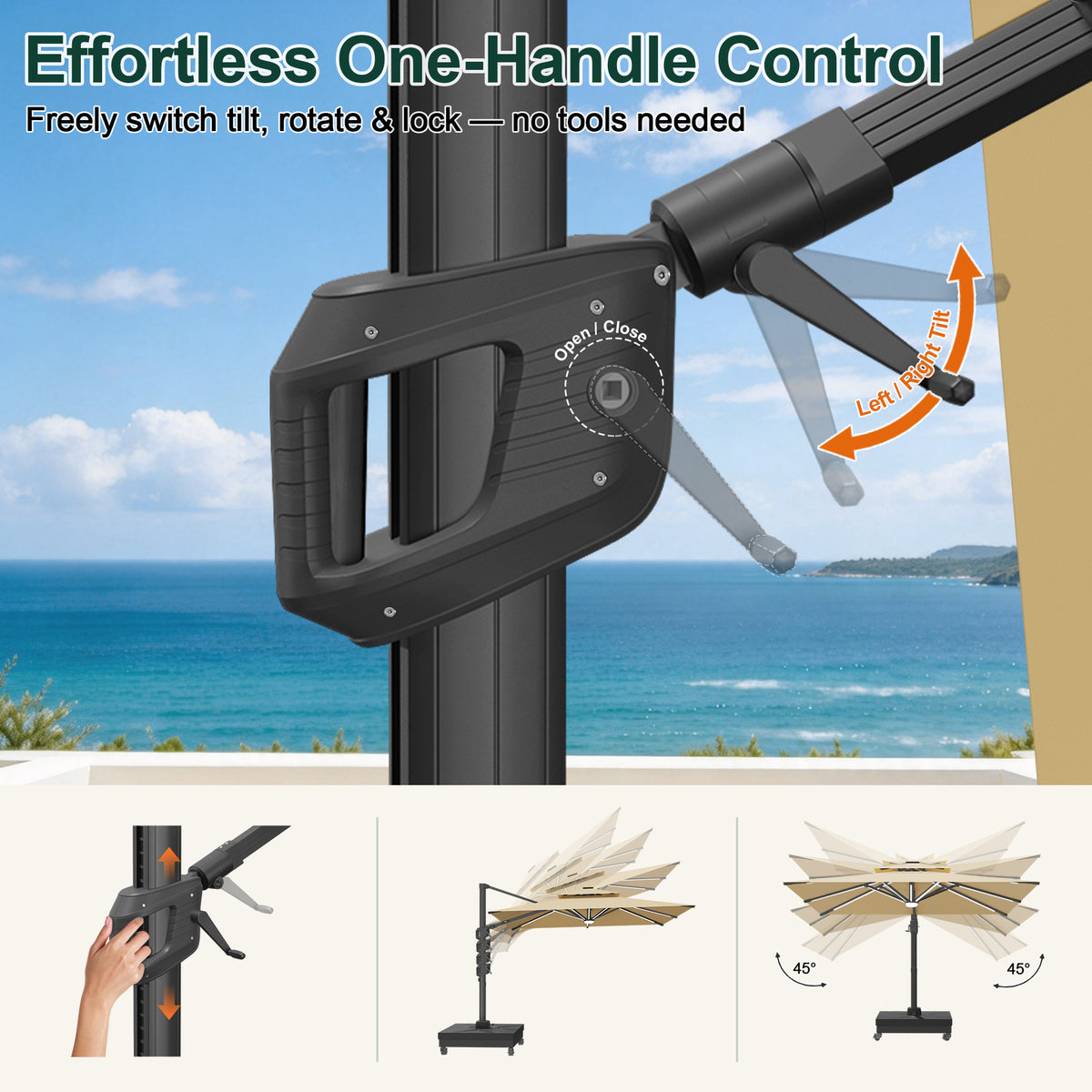 Close-up of beige cantilever umbrella handle and crank for tilt and rotation - Sunshade