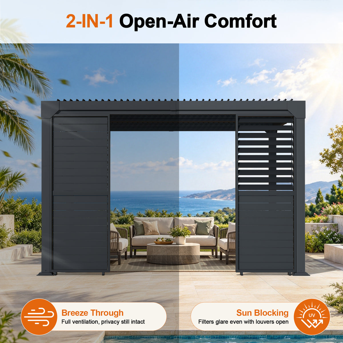 Pergola side wall louvers shown closed for shade and open for airflow - Sunshade
