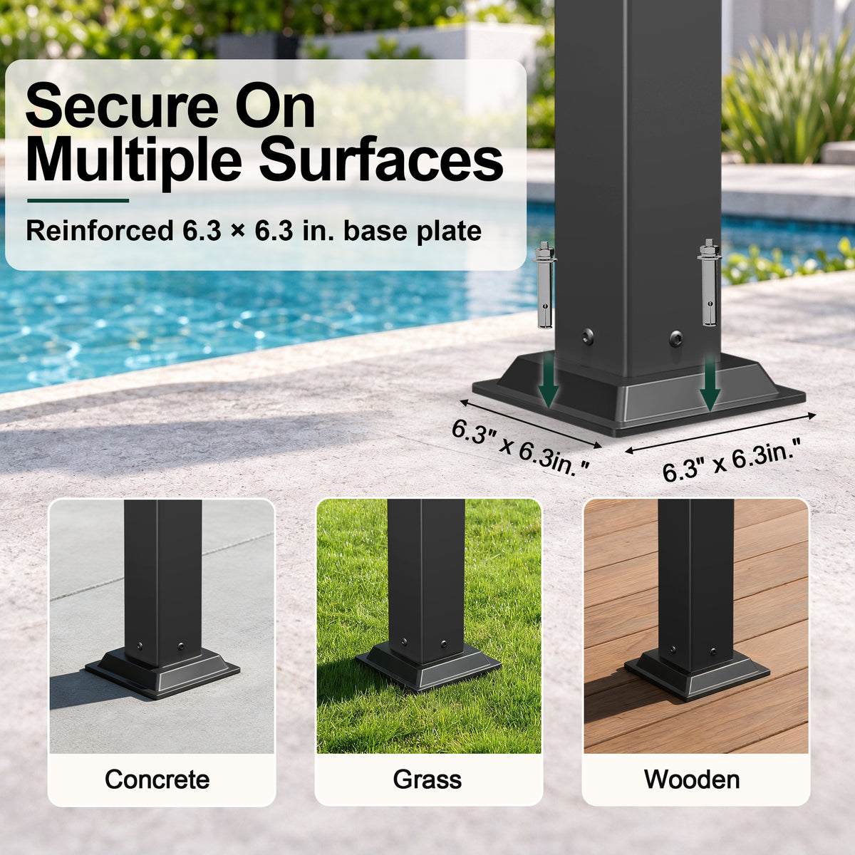 Atlantic pergola post showing a 6.3 x 6.3 in base plate and anchoring hardware - Sunshade