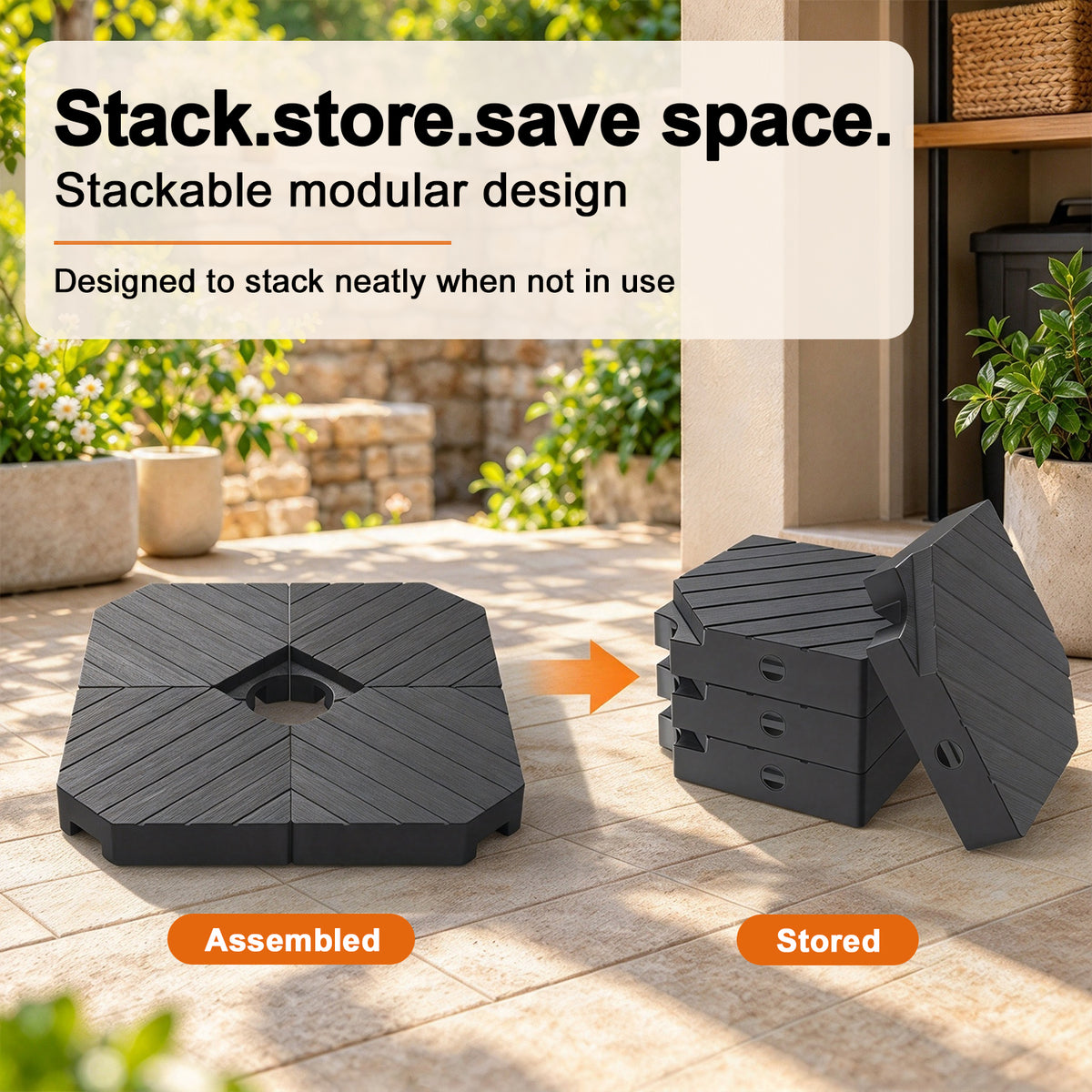 Modular cantilever umbrella base comparison showing four wood-grain weight sections assembled for use and disassembled for compact, stackable storage - Sunshade