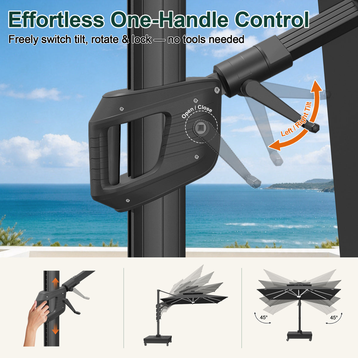 Close-up of black cantilever umbrella handle and crank for tilt and rotation - Sunshade