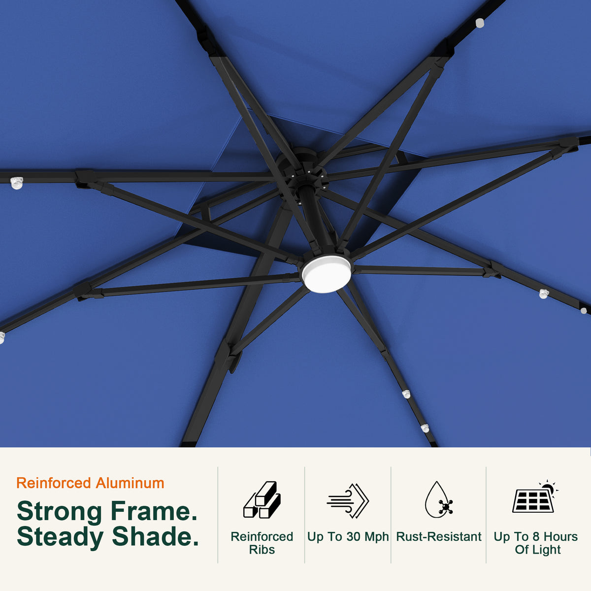 Underside detail of the Aegis Pro cantilever umbrella showing reinforced ribs and LED lights - Sunshade