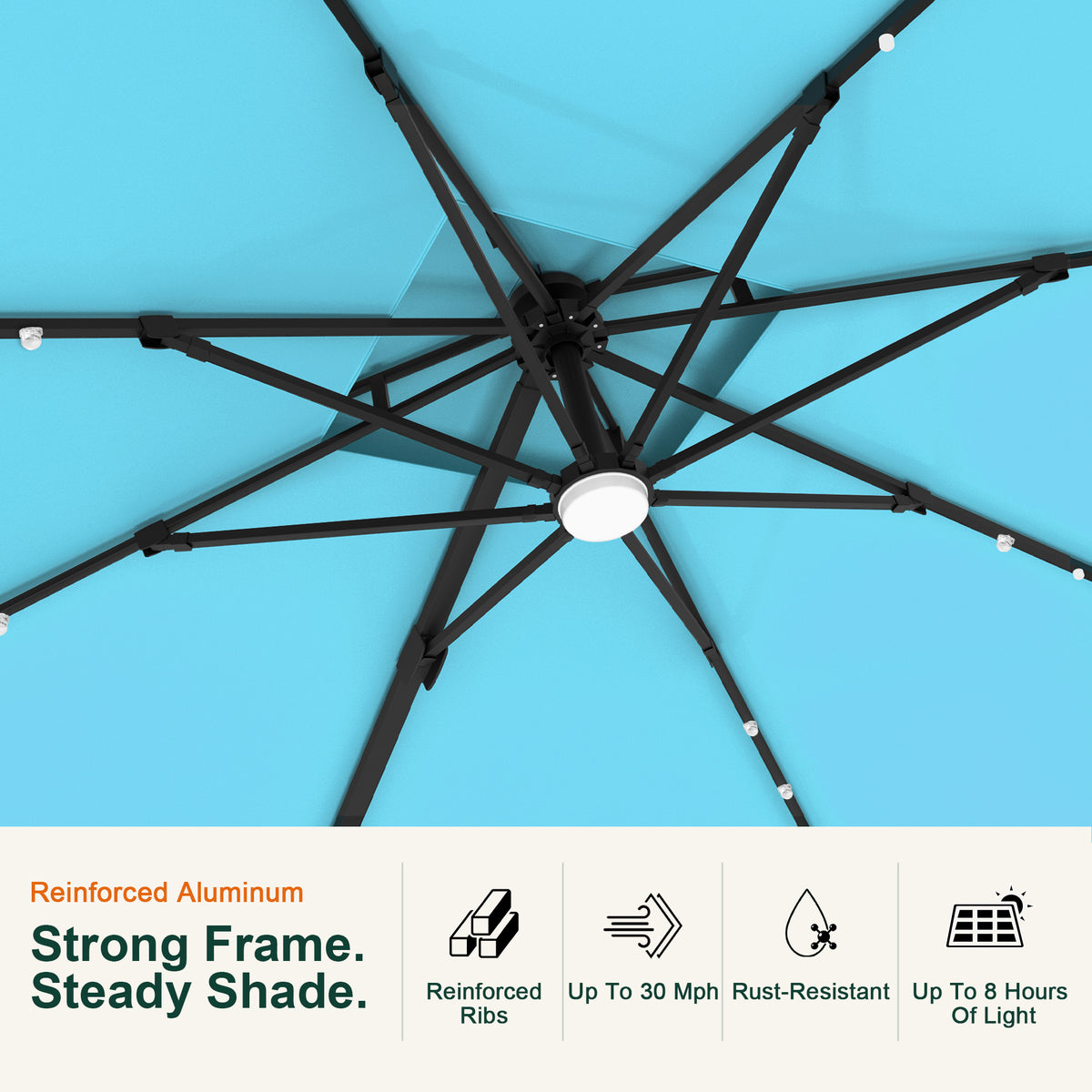 Turquoise Aegis Pro LED cantilever umbrella showing 360° foot-pedal rotation - Sunshade