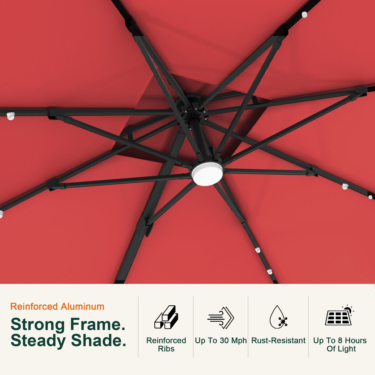 Underside detail of the Aegis Pro cantilever umbrella showing reinforced ribs and LED lights - Sunshade