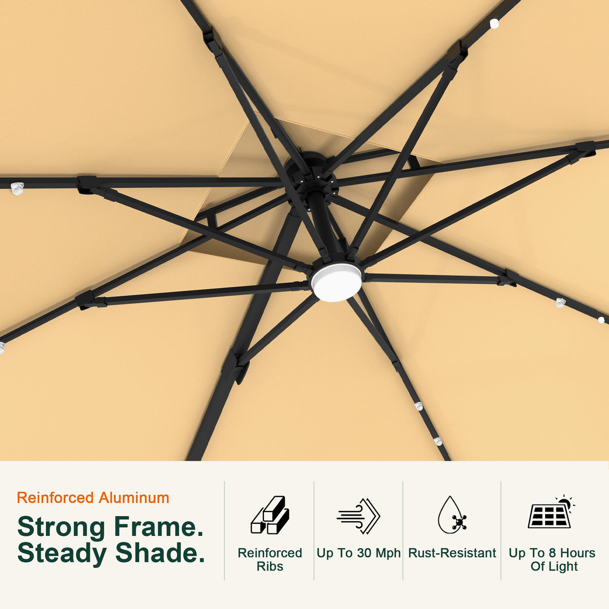 Underside detail of the Aegis Pro cantilever umbrella showing reinforced ribs and LED lights - Sunshade