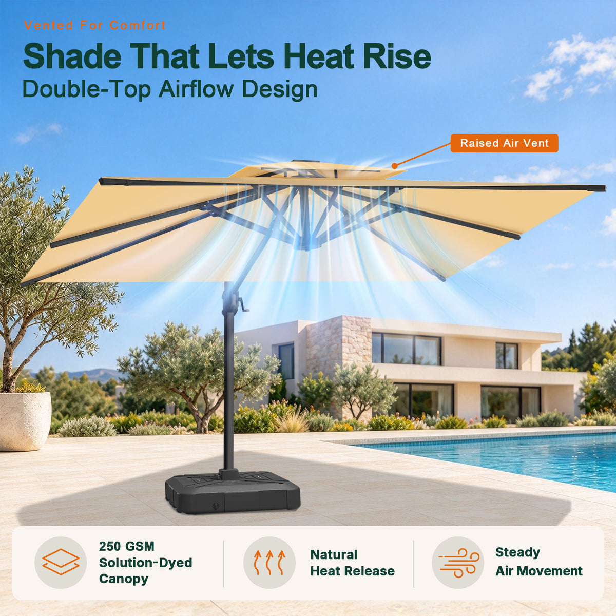 Double-top vented beige patio umbrella with raised air vent for heat release and stability - Sunshade