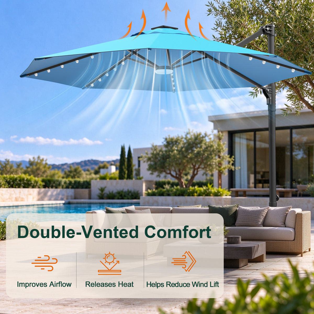 Turquoise round cantilever umbrella with 15 solar-powered LED lights on a poolside patio - Sunshade