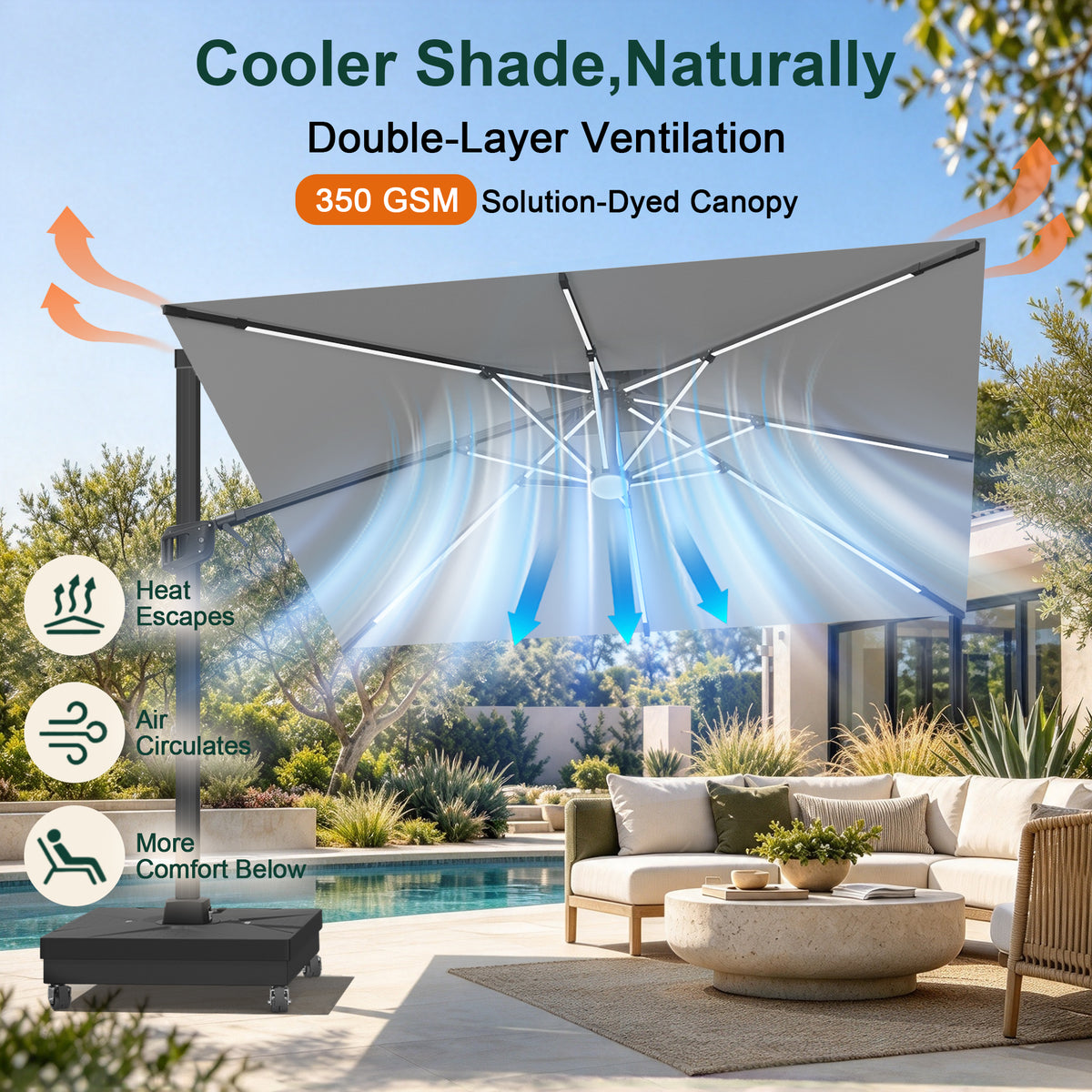Charcoal cantilever umbrella with a double-layer vented canopy over a poolside patio - Sunshade