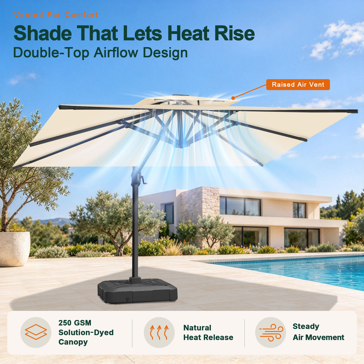 Double-top vented cream patio umbrella with raised air vent for heat release and stability - Sunshade