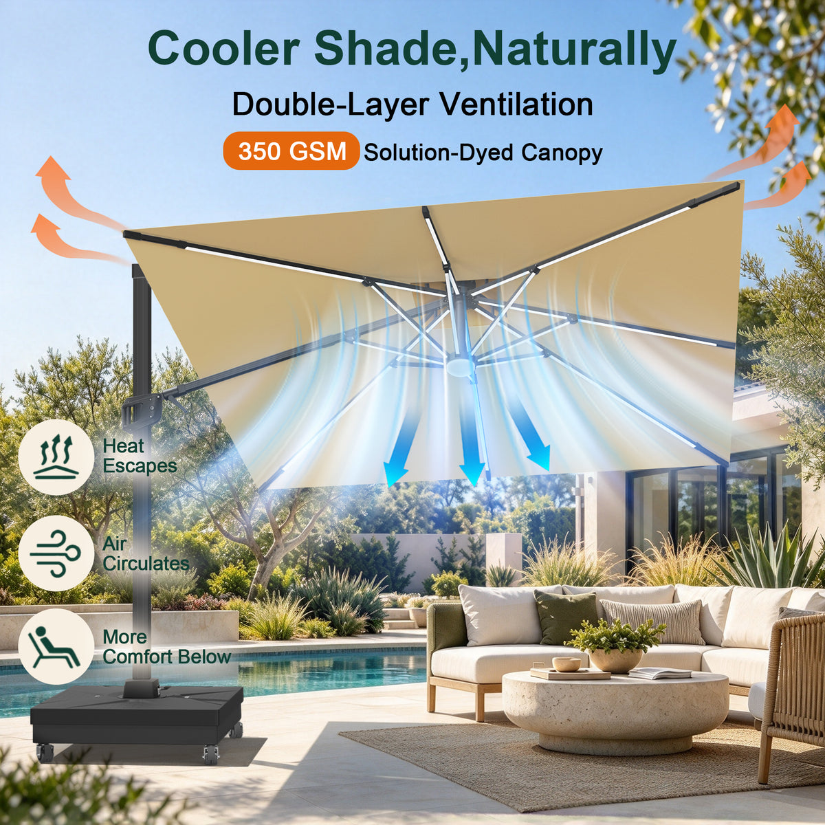 Beige cantilever umbrella with a double-layer vented canopy over a poolside patio - Sunshade