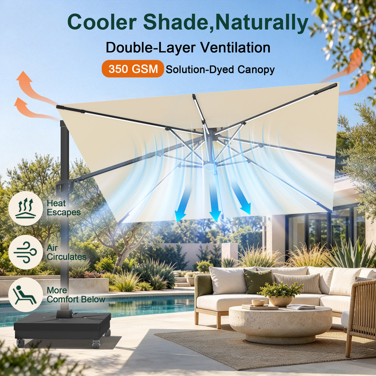 Cream cantilever umbrella with a double-layer vented canopy over a poolside patio - Sunshade
