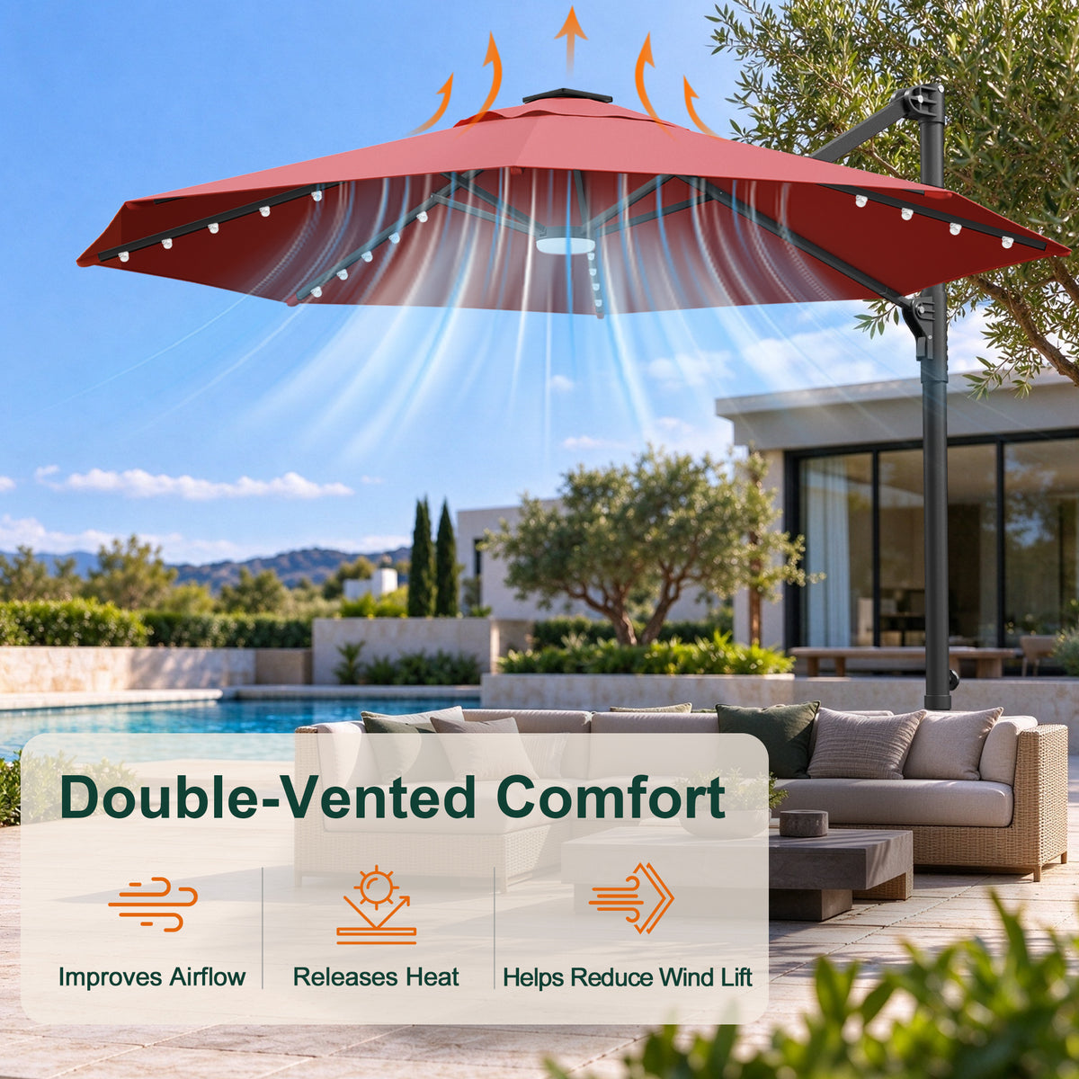 Burgundy round cantilever umbrella with a double-vented canopy and built-in LED lights - Sunshade