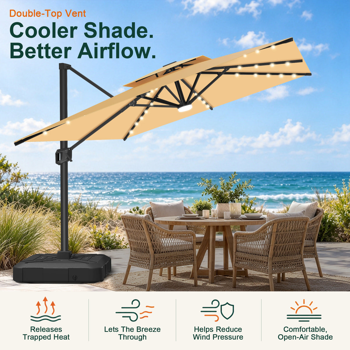 Beige LED cantilever umbrella with a double-top vent over a seaside patio dining set - Sunshade