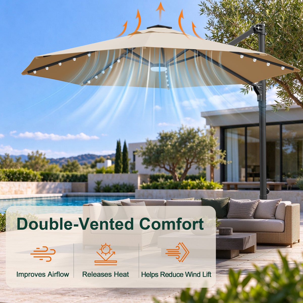 Beige round cantilever umbrella with a double-vented canopy and built-in LED lights - Sunshade