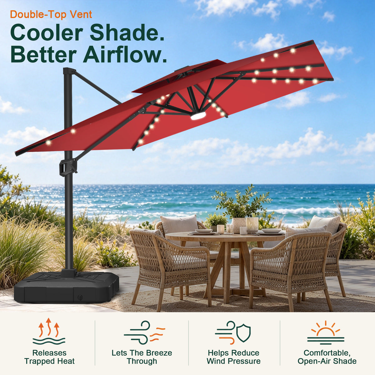 Burgundy LED cantilever umbrella with a double-top vent over a seaside patio dining set - Sunshade