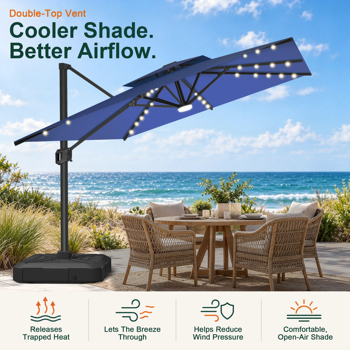 Navy Blue LED cantilever umbrella with a double-top vent over a seaside patio dining set - Sunshade