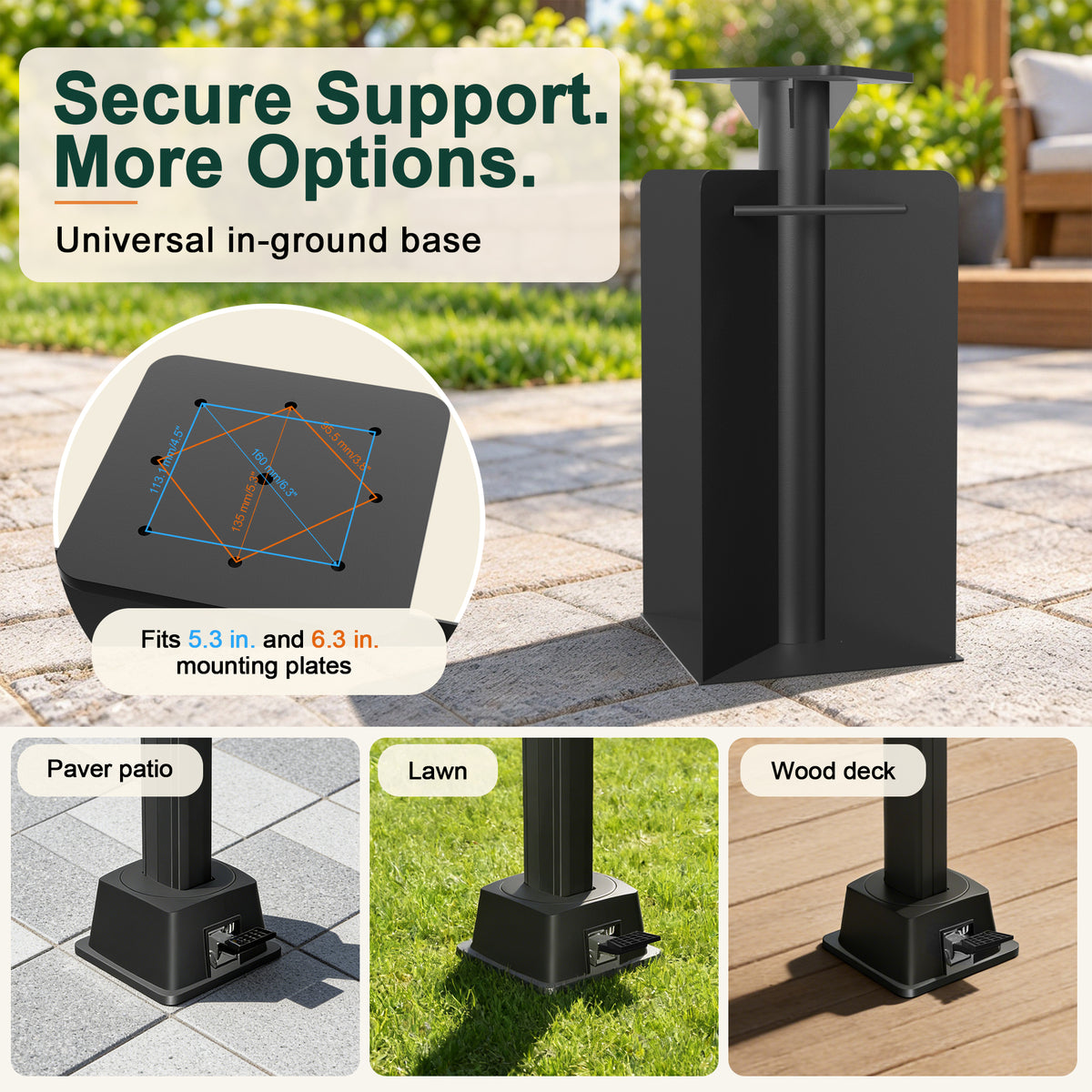 In-ground umbrella base installation guide showing four steps: dig and position, add concrete, level and cure, and attach the umbrella - Sunshade