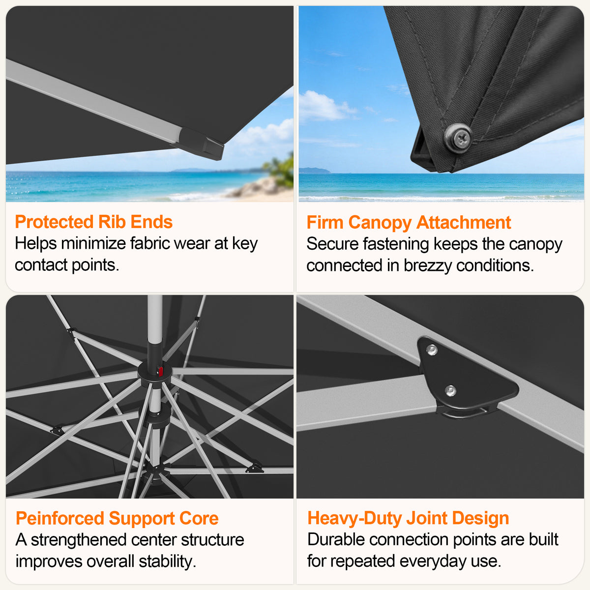 Solara umbrella details showing rib ends, canopy attachment, support hub, and joints - Sunshade