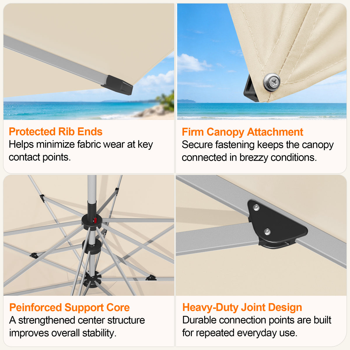 Cream Solara square umbrella details showing rib ends, canopy attachment, support hub, and joints - Sunshade
