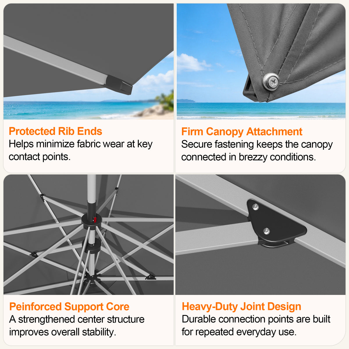 Charcoal Solara umbrella details showing rib ends, canopy attachment, support hub, and joints - Sunshade