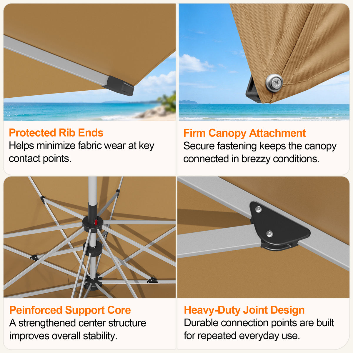 Beige Solara umbrella details showing rib ends, canopy attachment, support hub, and joints - Sunshade