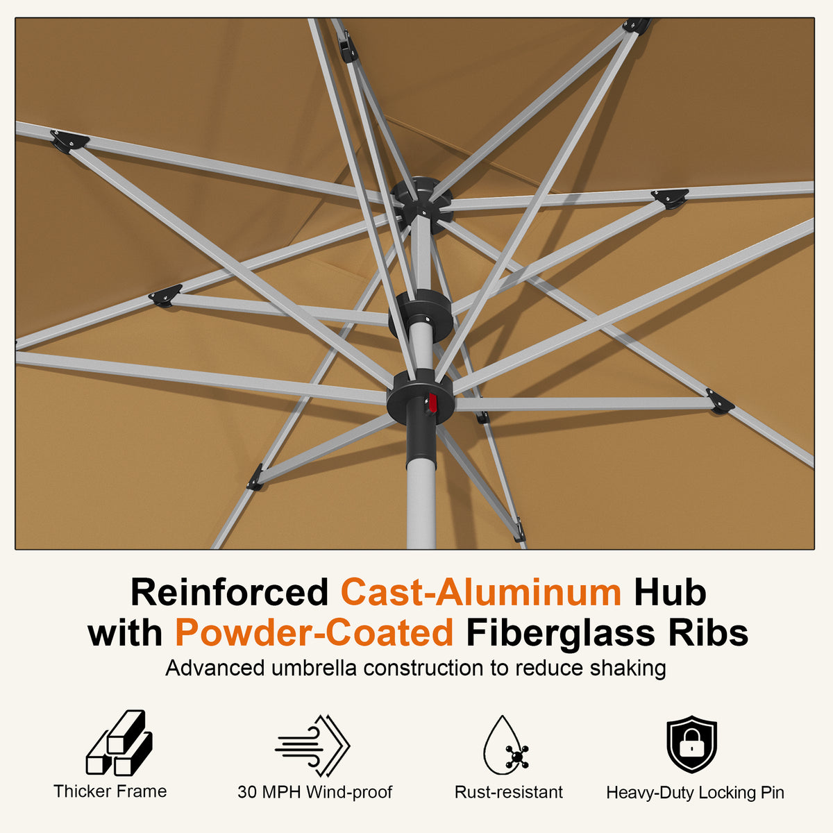 Close-up of the Beige Solara square umbrella’s cast-aluminum hub and fiberglass ribs - Sunshade
