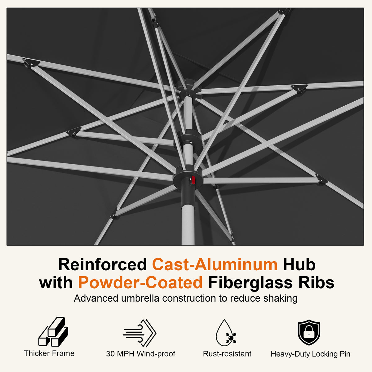 Close-up of the Black Solara square umbrella’s cast-aluminum hub and fiberglass ribs - Sunshade