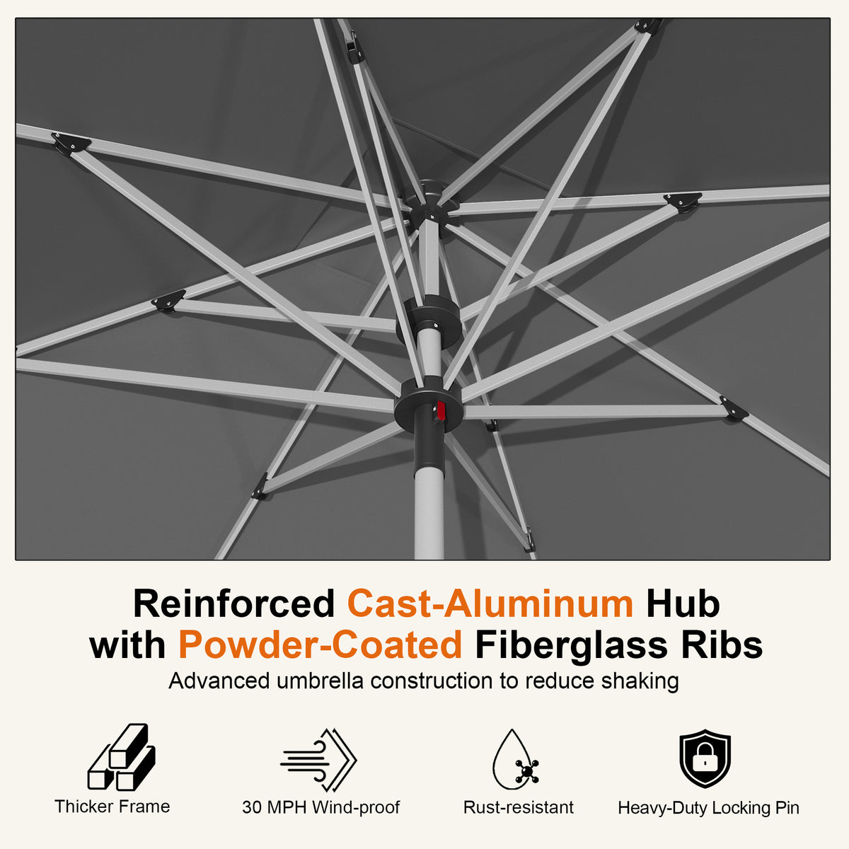 Close-up of the Charcoal Solara square umbrella’s cast-aluminum hub and fiberglass ribs - Sunshade