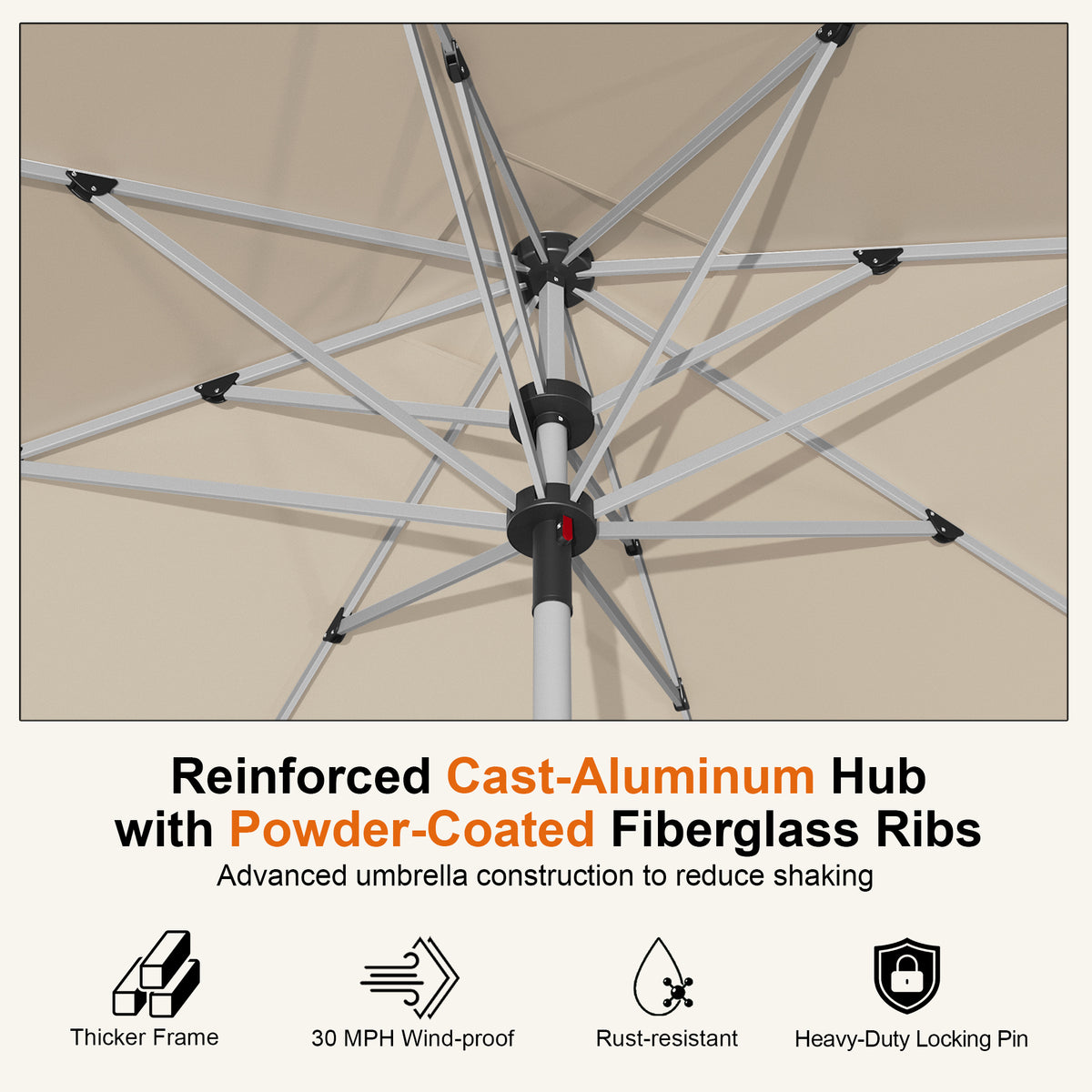 Close-up of the Cream Solara square umbrella’s cast-aluminum hub and fiberglass ribs - Sunshade