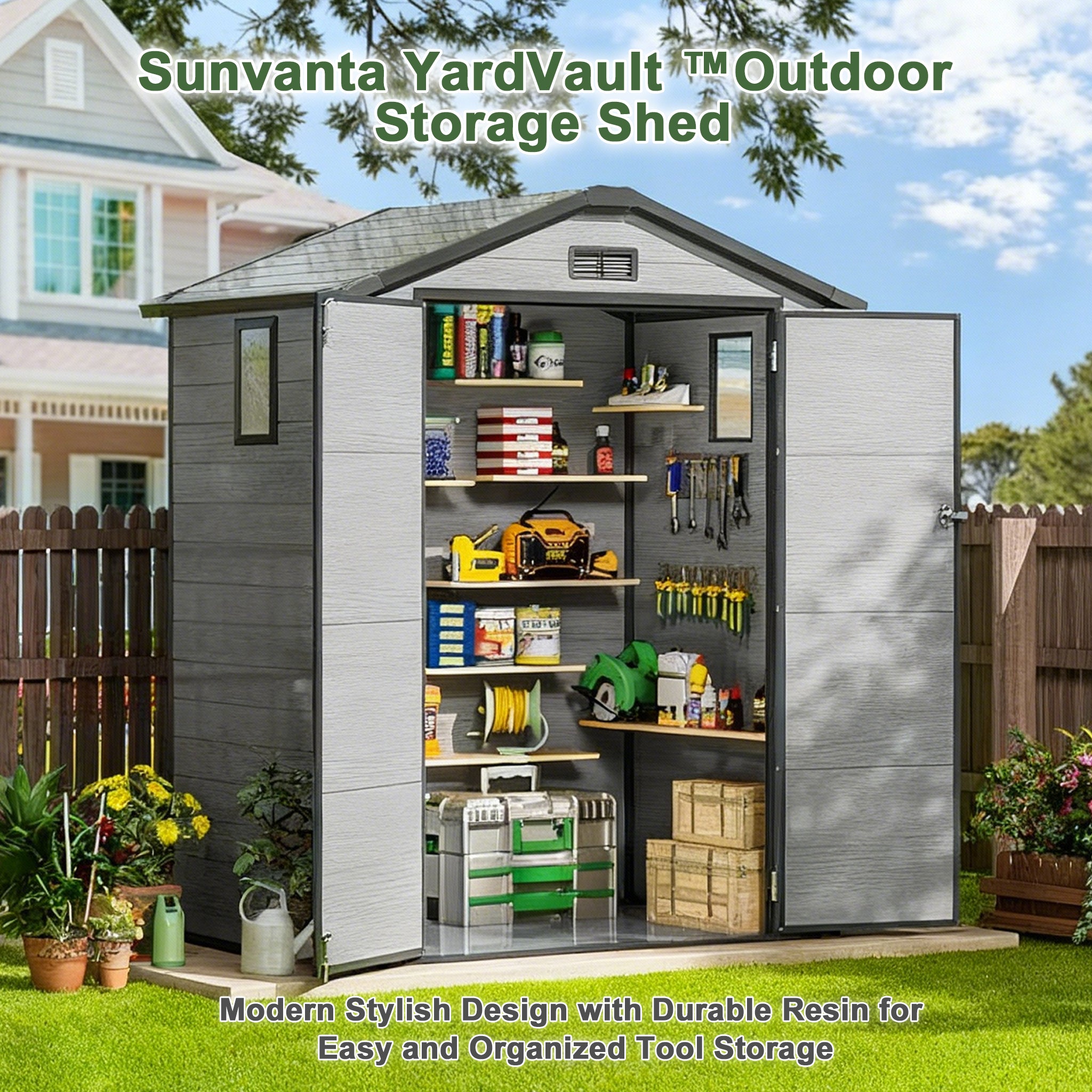 Outdoor Resin Storage Shed with Wide Double Doors and Ventilated Gable ...