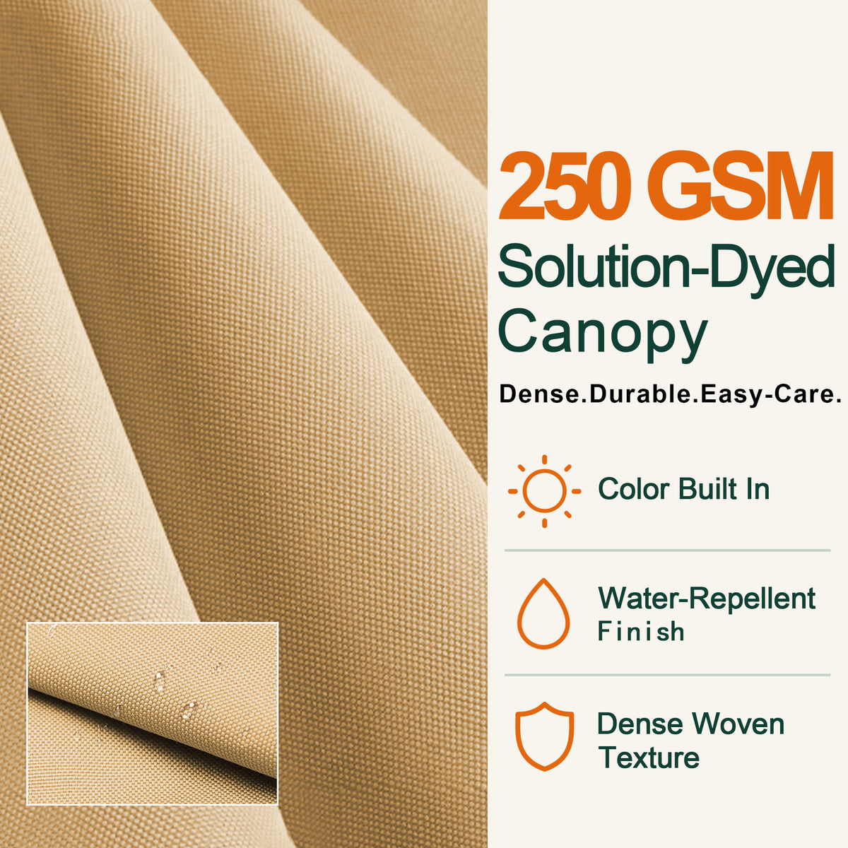 250 GSM solution-dyed beige fabric canopy with water-repellent finish and dense weave - Sunshade