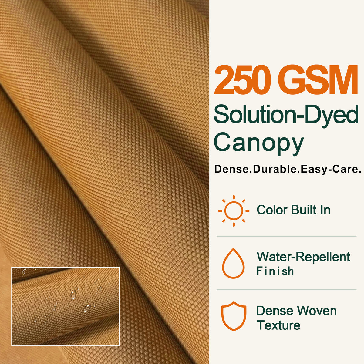 250 GSM solution-dyed tan fabric canopy with water-repellent finish and dense weave - Sunshade