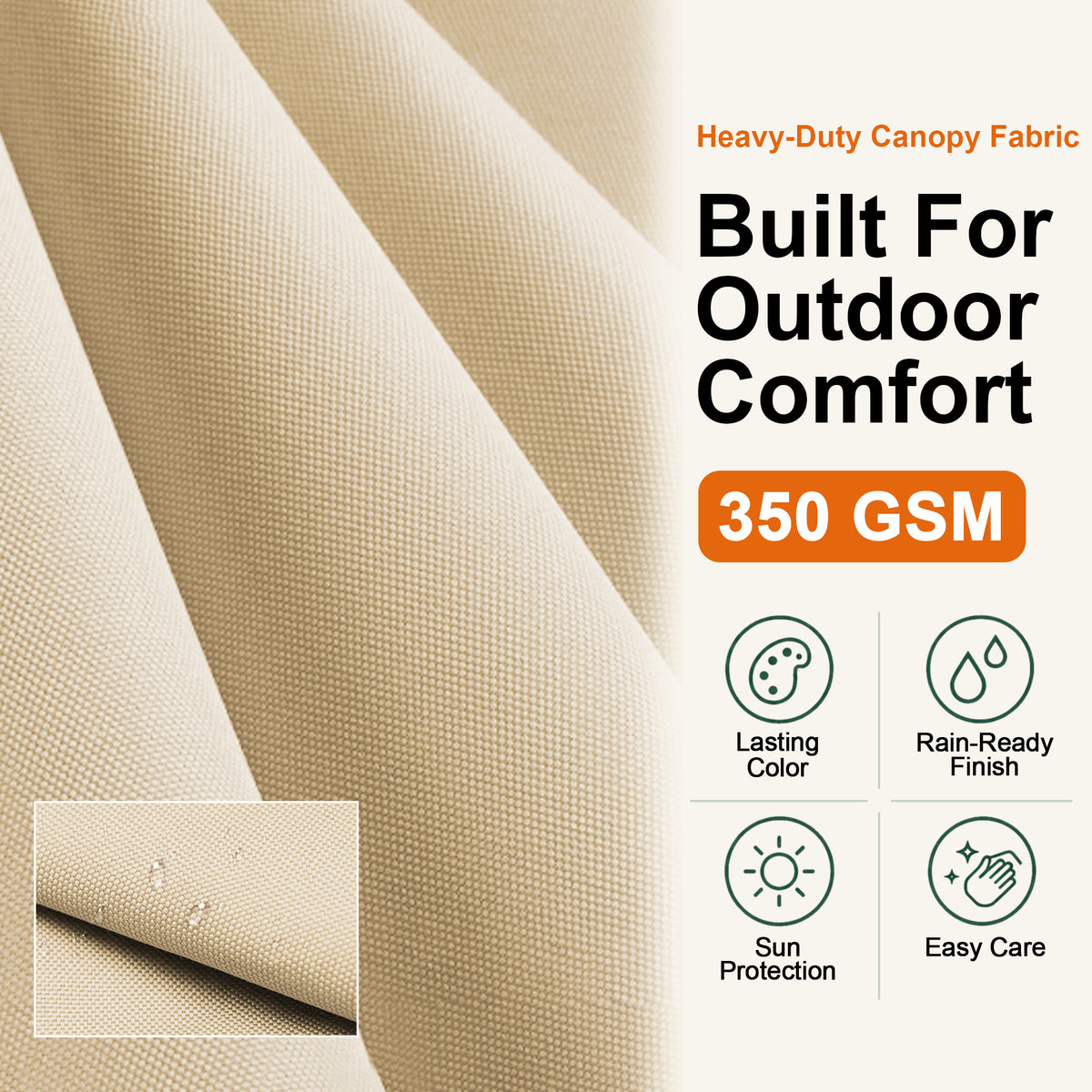 Close-up of cream 350 GSM cantilever umbrella canopy fabric with a rain-ready finish - Sunshade