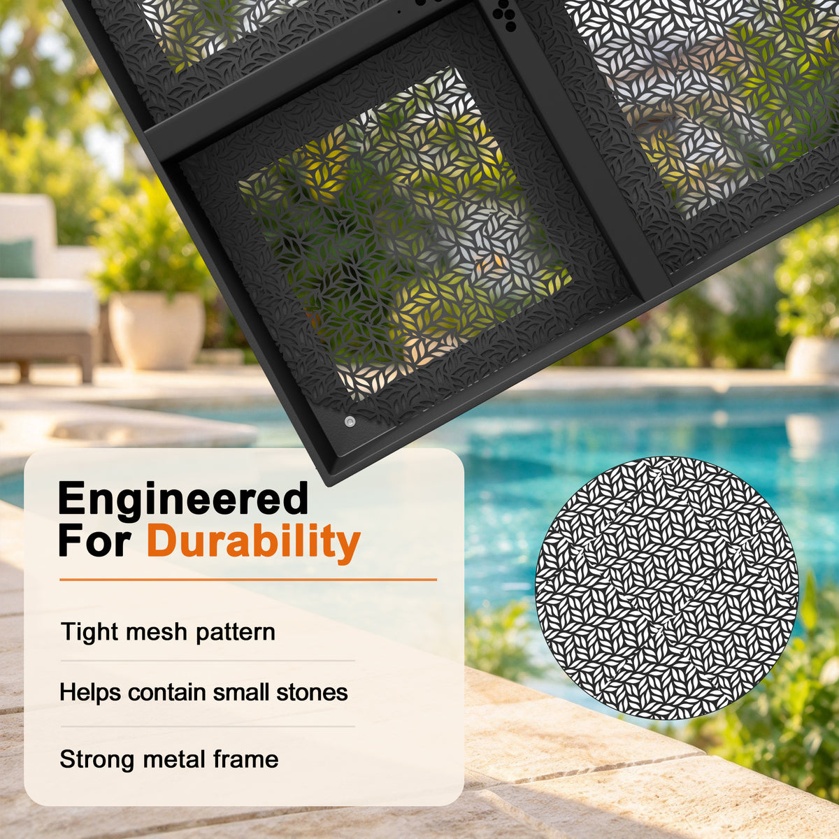 Cantilever umbrella base construction showing a strong metal frame and tight leaf-pattern mesh designed to contain small stones - Sunshade