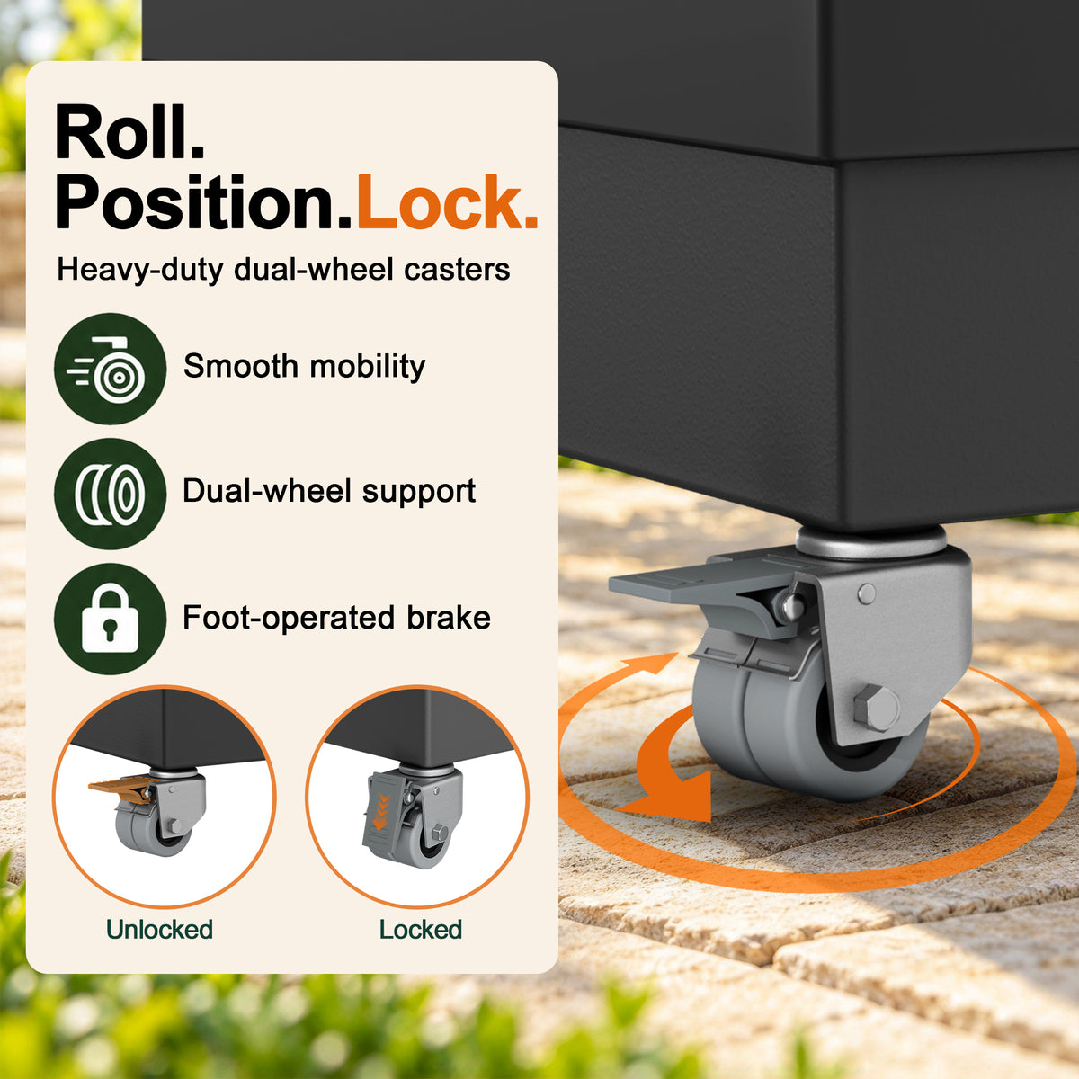 Cantilever umbrella base caster close-up showing heavy-duty dual wheels, swivel movement, and a foot-operated brake in locked and unlocked positions - Sunshade