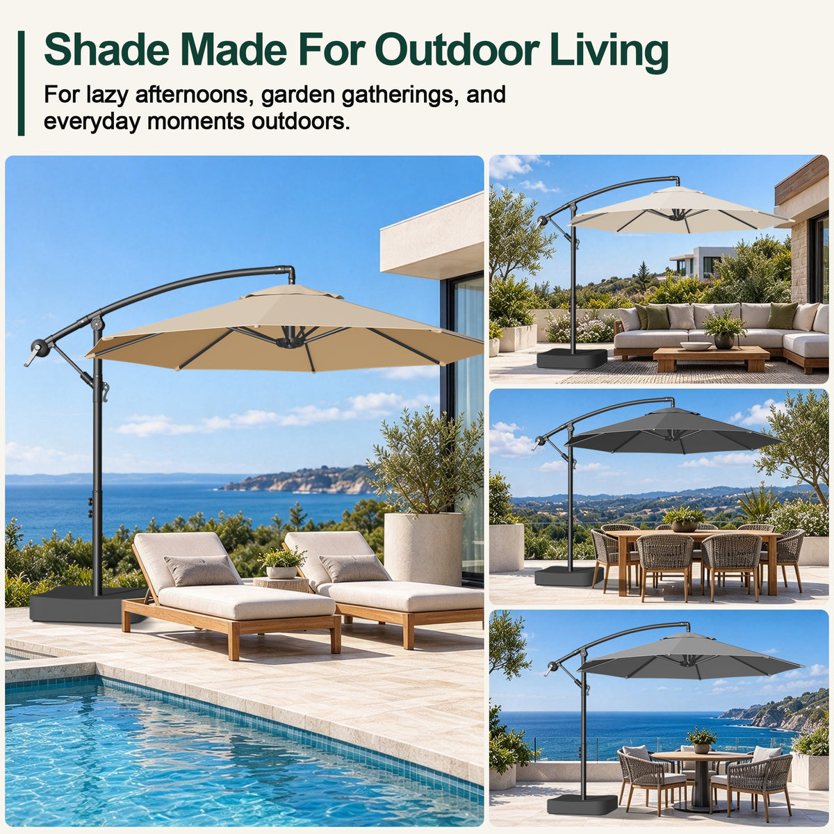 Cantilever patio umbrellas in four colors shown beside a pool and outdoor seating areas - Sunshade