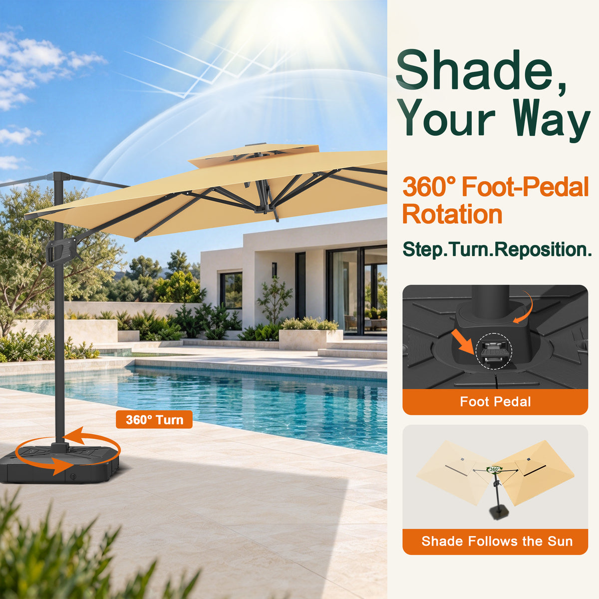 Cantilever beige patio umbrella with 360-degree foot-pedal rotation for easy shade adjustment - Sunshade