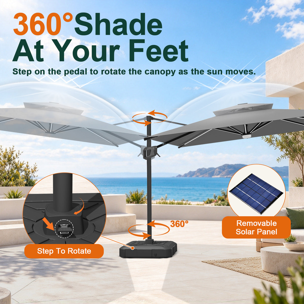 Charcoal Aegis Pro umbrella showing foot-pedal rotation and a removable solar panel - Sunshade