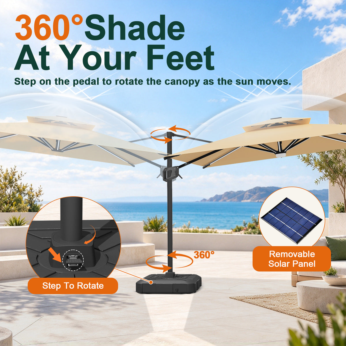 Beige Aegis Pro umbrella showing foot-pedal rotation and a removable solar panel - Sunshade