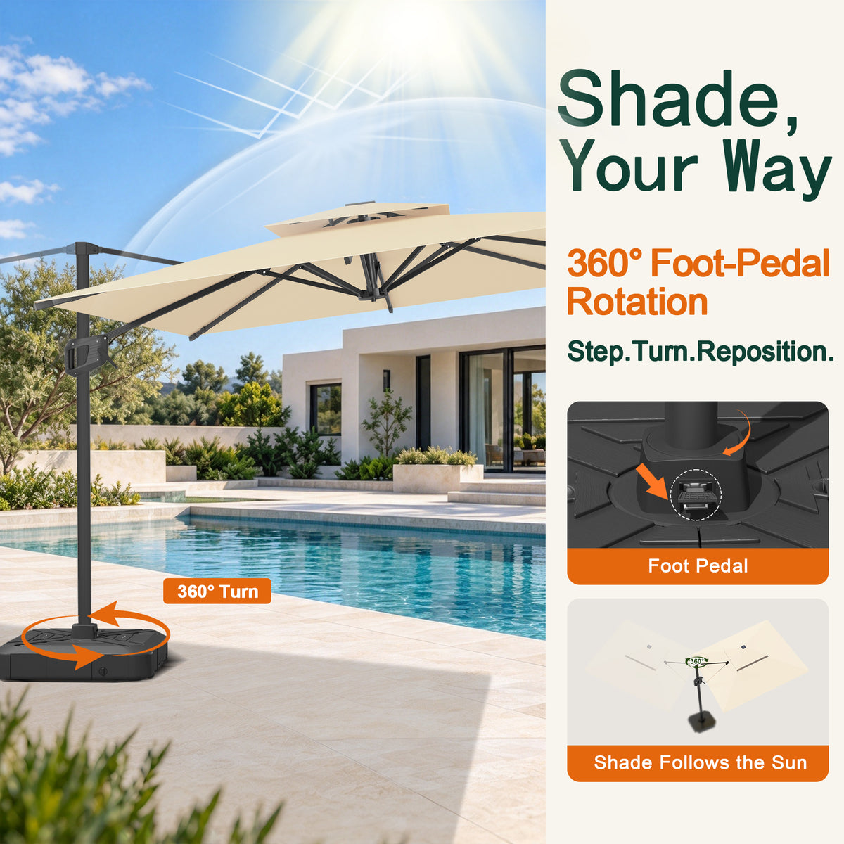 Cantilever cream patio umbrella with 360-degree foot-pedal rotation for easy shade adjustment - Sunshade
