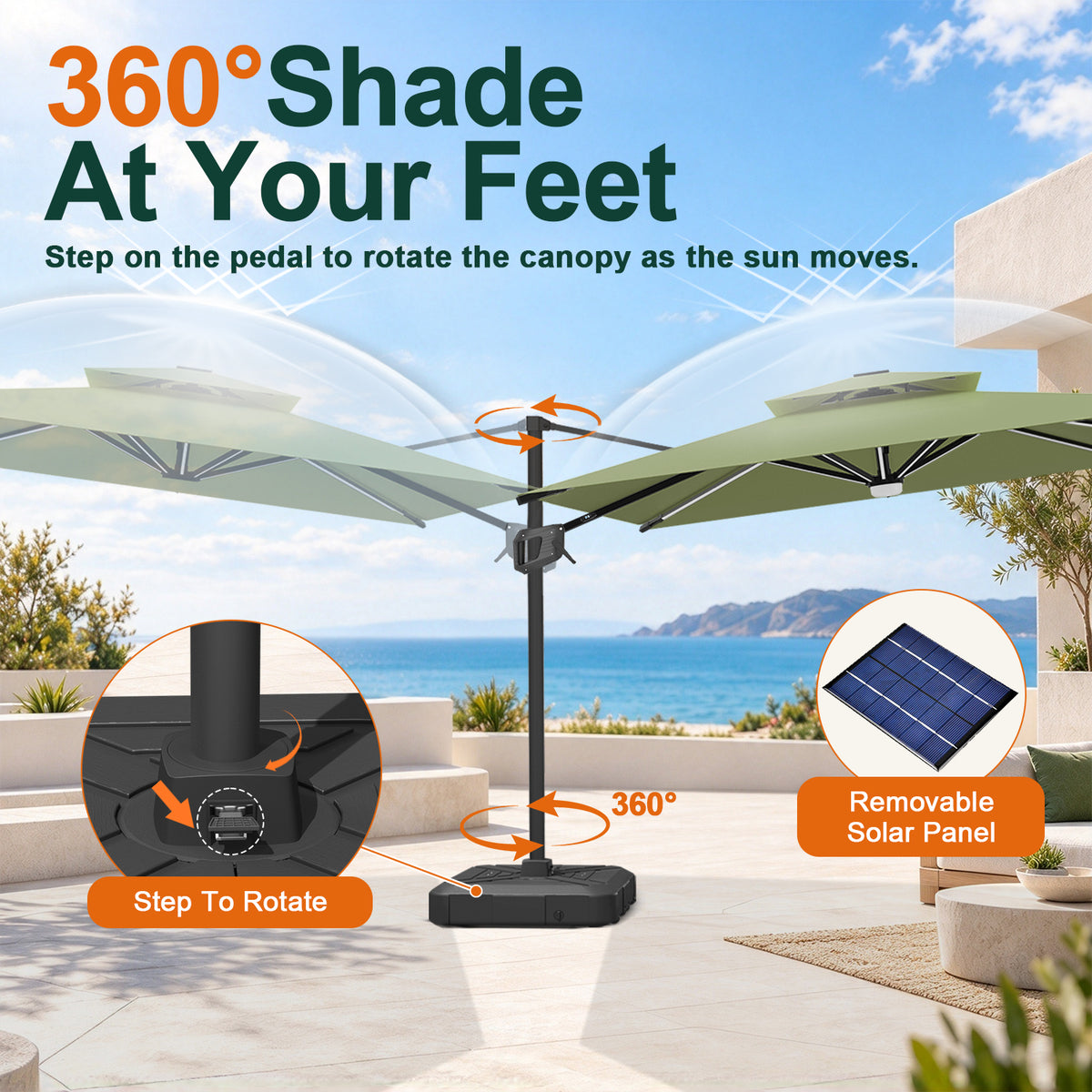 Sage Green Aegis Pro umbrella showing foot-pedal rotation and a removable solar panel - Sunshade