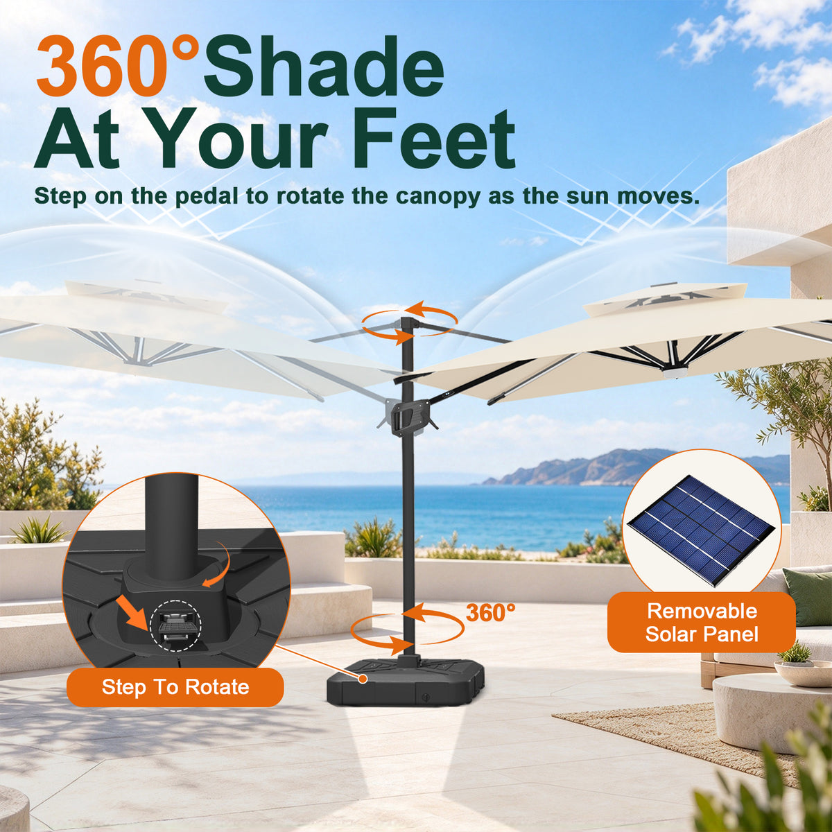 Cream Aegis Pro umbrella showing foot-pedal rotation and a removable solar panel - Sunshade