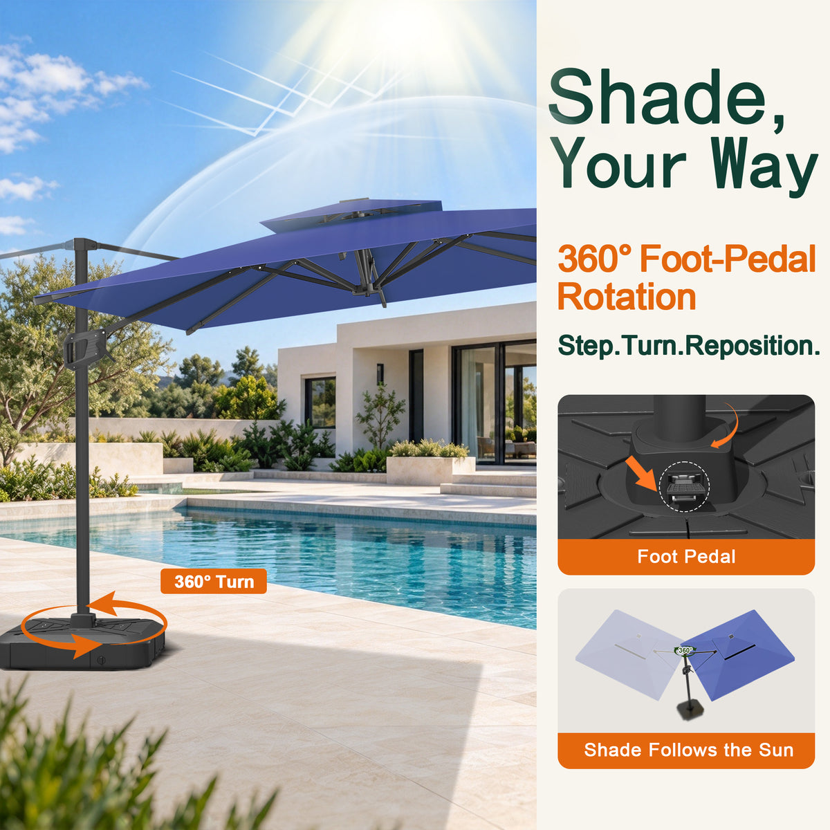 Cantilever charcoal patio umbrella with 360-degree foot-pedal rotation for easy shade adjustment - Sunshade