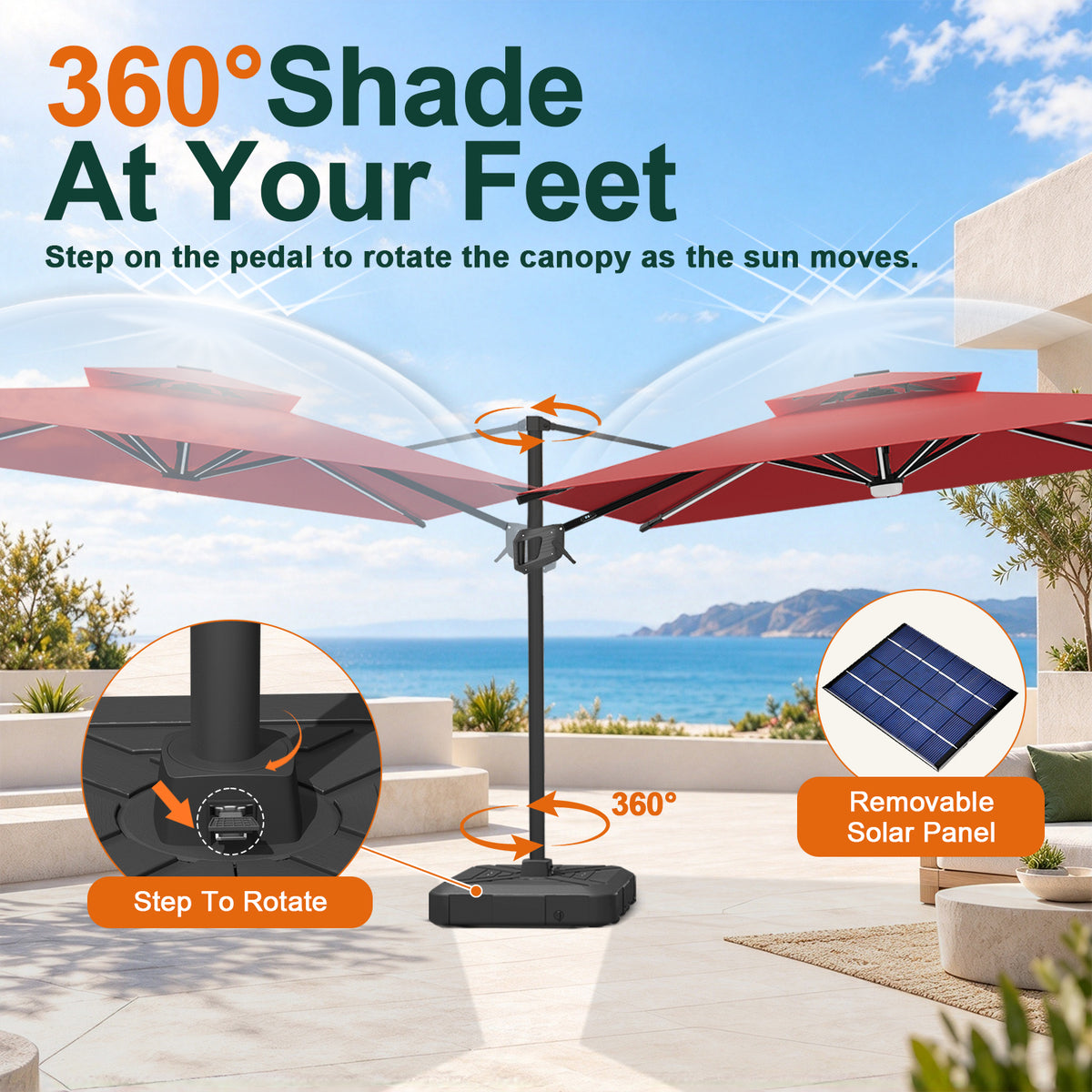 Burgundy Aegis Pro umbrella showing foot-pedal rotation and a removable solar panel - Sunshade