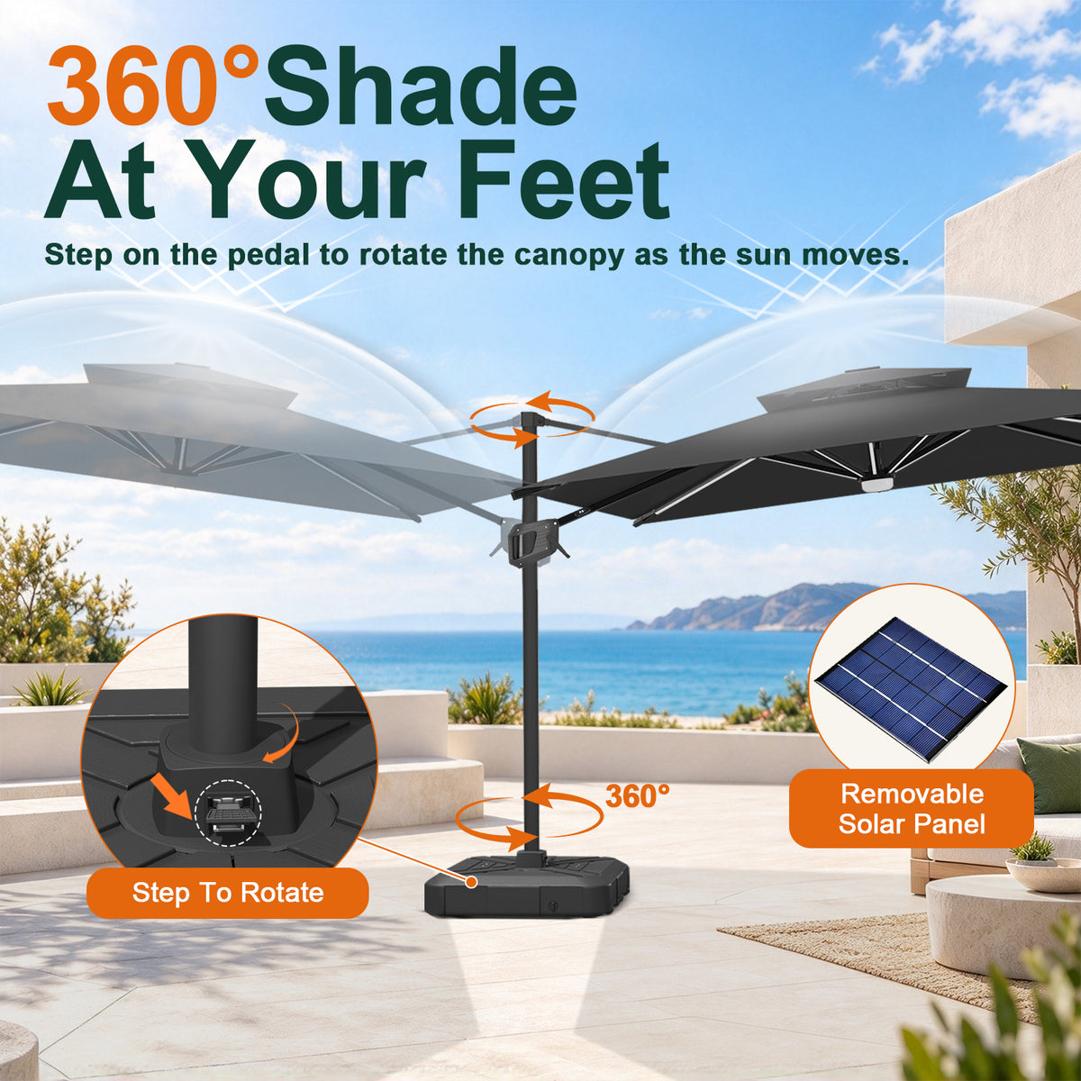 Black Aegis Pro umbrella showing foot-pedal rotation and a removable solar panel - Sunshade